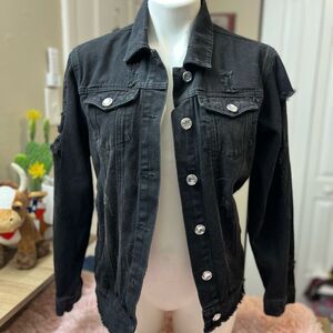 The Style Between Us Black Distressed Denim Jacket Cutout Back Size Small